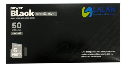 Guante de látex sin polvo Lalan Power Black con 50 unidades, color negro, talla G