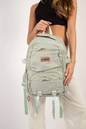 Mochila Urbana La Chapelle Microfibra Con Osito Verde Claro Liso