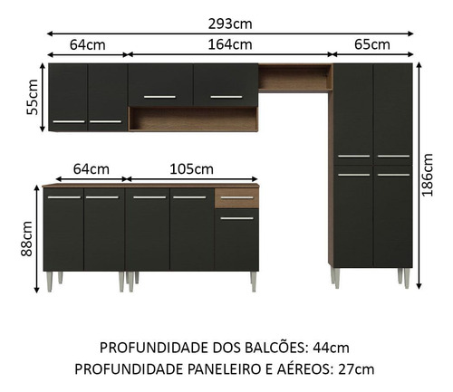 Cocina Integral 293cm Marrón/negro Emilly Madesa 01
