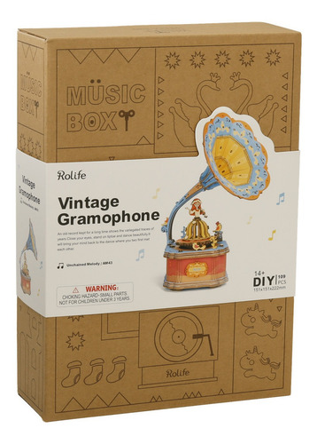Caja Musical Gramófono Robotime Am43 Armable Bloques Madera