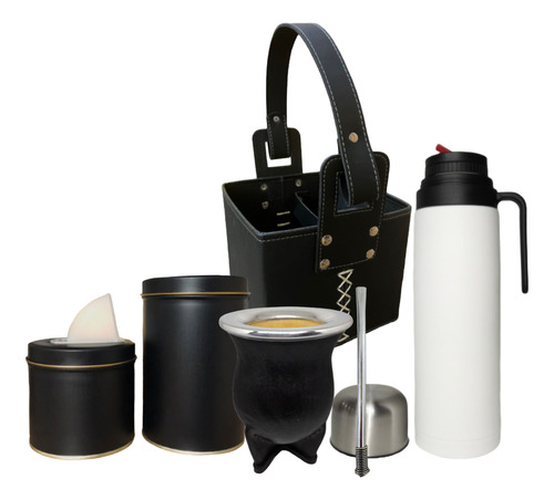 Equipo Set Kit Matero Termo 1 L Mate Latas Canasta Ecocuero