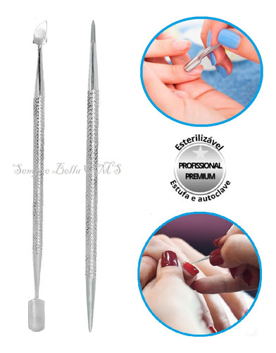 Kit 1 Espatula + 1 Palito Cutícula Aço Inox Ponta Dupla De Unha Manicure Pedicure