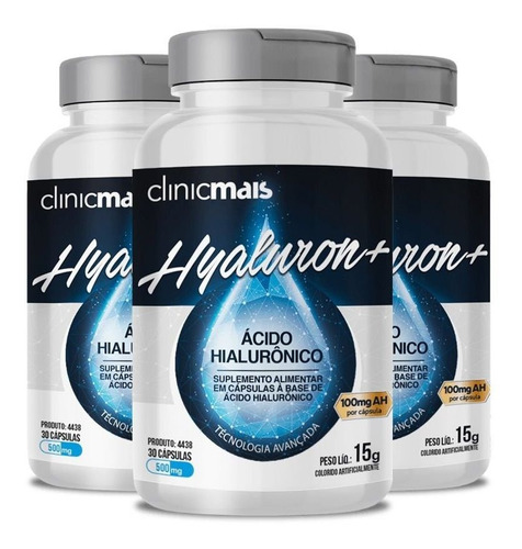 Kit 3 Hyaluron+ Ácido Hialurônico Com 30 Cápsulas Chá Mais