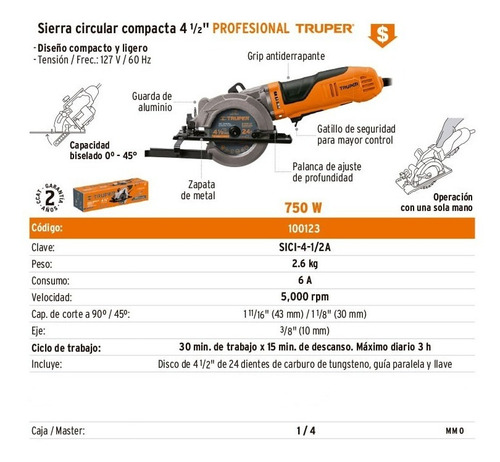Sierra circular eléctrica Truper Profesional SICI-4-1/2A 114mm 750W naranja 60Hz 127V