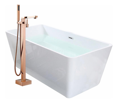 Solana Kit Tina De Baño Rectangular De Acrílico Slim 170x80x60 Cm + Grifo Independiente Monomando Gold Rose / Bañera Rectangular Blanco Alto Brillo Kit Completo Blanco/goldrose Para Cuarto De Baño