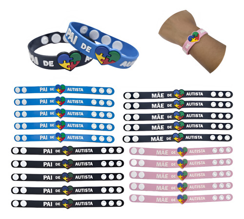 Pulseiras Do Pai Mãe De Autista Com Regulagem 20un Comprimento 22 Cm Cor Pai-az/pai-pr/mãe-rs/mãe-pr
