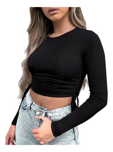 Bonita Blusa Corta De Manga Larga Con Cordones Para Mujer