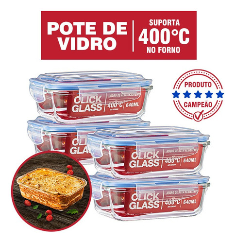 Kit Com 4 Potes De Vidro Click Glass Premium 100% Herméticos