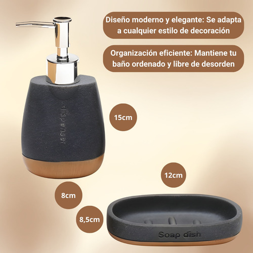Set De Baño Resina X 4 Piezas Jabonera Vaso Cepillo Dispense Gris Oscuro