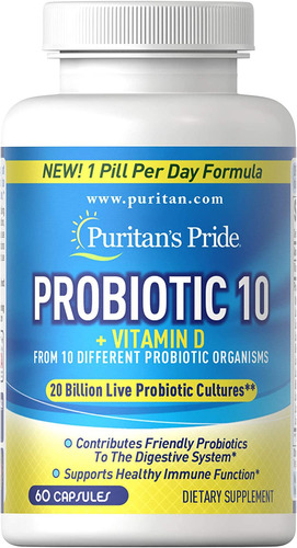 Suplemento em cápsulas Puritan's Pride  Probiotic 10 20 billion + Vitamina D 60 caps