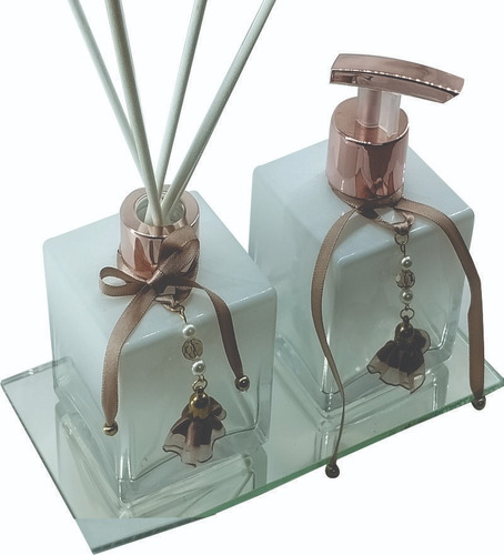 Kit Difusor Lavabo Com Detalhes Rosa Dourado.