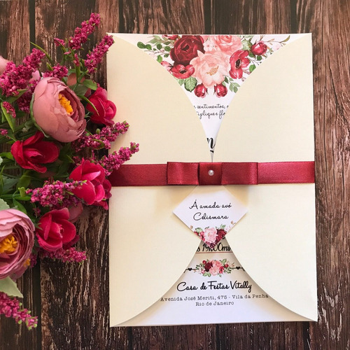 200 Convites De Casamento Flor Marsala Bordo Envelope Marfim | Frete grátis