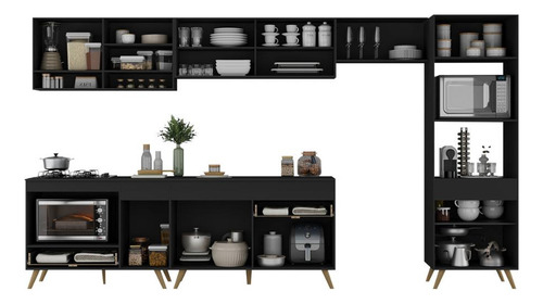 Armário de Cozinha Modulada Completa 357cm com Balcão para Cooktop Veneza Multimóveis MP2274 Cor Preto/dourado