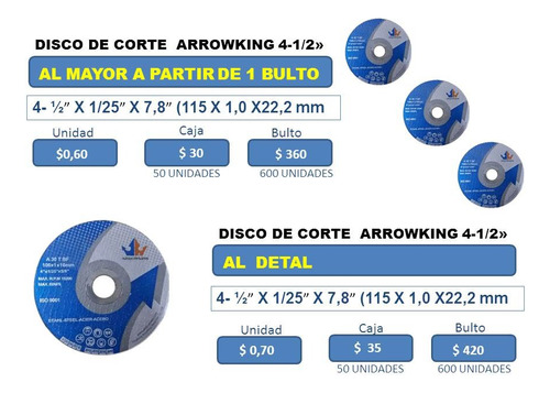 Disco De Corte, Marca Arrowking, 41/2 X 1/25 X7/8 , 115mm.