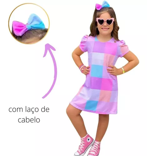 Vestido Xadrez Lilás com Laço de Cabelo