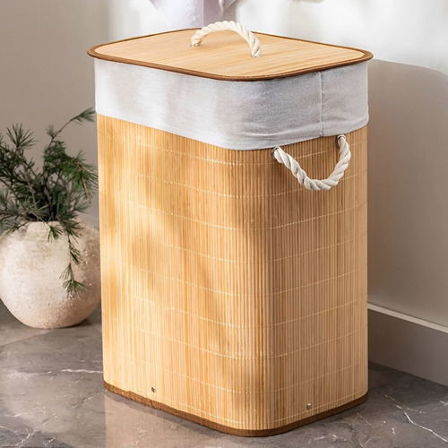 Cesto Roupa Suja Retangular Bambu Lavanderia 70l Cor