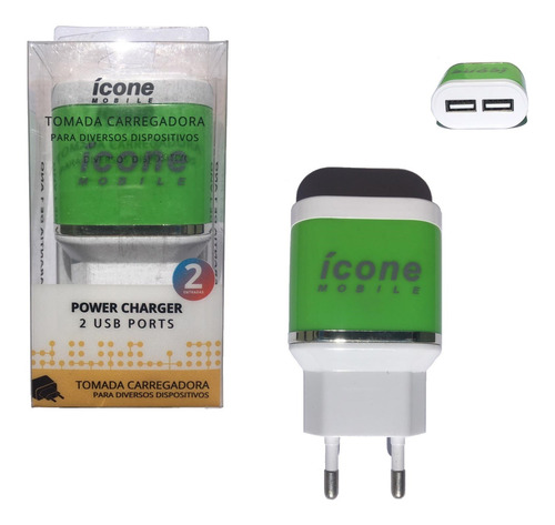 Carregador Para Celular 2 Usb Verde Limão Icone Mobile