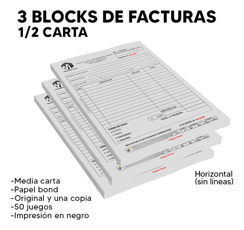 Block Facturas Media Carta- 50 Juegos-original Y Una Copia