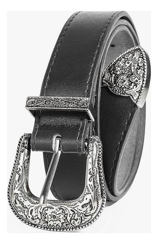 Cinturón De Cuero Unisex Hebilla Aguja Troquelada Vintage Negro/plata 105