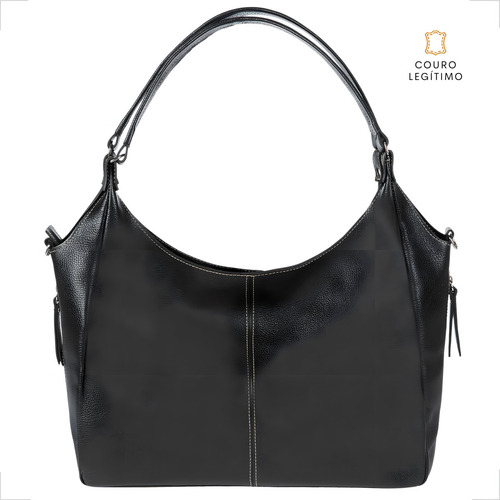 Bolso hobo Magon Couros 2293, diseño de piel de vacuno negra lisa con correa de hombro negra, correas de color negro