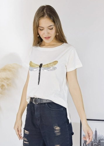 Remera Estampa Libelula Mujer Con Brillo Scmayorista Algodón