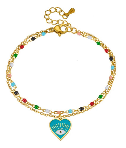 Pulsera Acero Inoxidable Corazón Ojo Turco Turquesa 