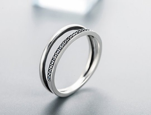Anillo Juvenil Doble Circón Negro Fabricado En Plata 925