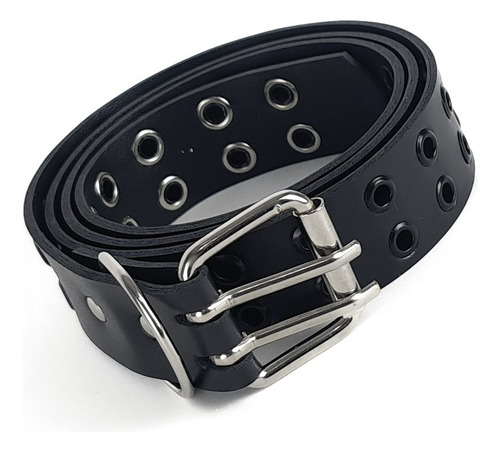 Cinto Com 2 Carreiras De Ilhoses Preto Tachas Punk Rock Desenho Do Tecido Liso Tamanho P (comp Tt 100 Cm)