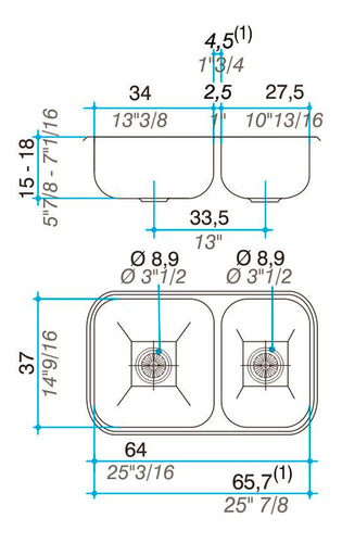 Lavaplatos Doble R63 Rectangular Bajo Cubierta Con Rebalse