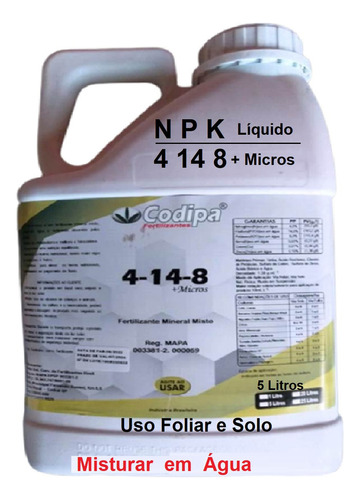 Fertilizante Liquido Foliar E Solo Npk 4 14 8 + Micros 5 Lts