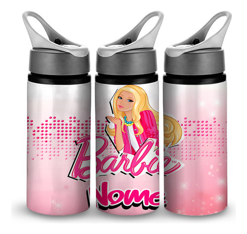 Garrafinha Barbie Rosa Canudo Bico Personalizada Nome 600ml