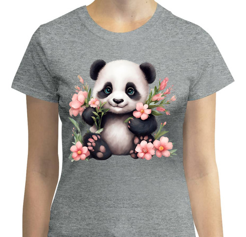 Playera Diseño Oso Panda Tierno Con Flores Rosas - Flores