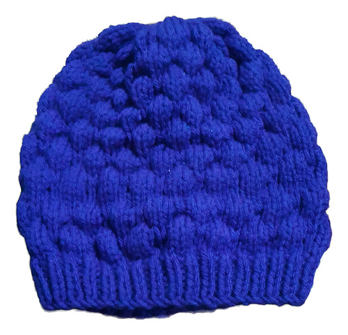 Gorro De Lana Tejido A Mano - Artesanal Azul Francia Unico Punto Burbuja