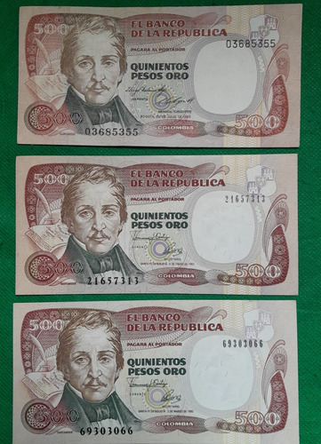 3 Billetes De 500 Pesos, Año 1985, 1992 Y 1993, Estado Au