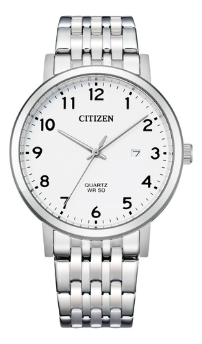 Reloj De Pulsera Citizen Quartz Bi5070-57a De Cuerpo Color Plata, Analógico, Para Hombre, Fondo Blanco, Con Correa De Acero Inoxidable Color Plata, Bisel Color Plata Y Desplegable