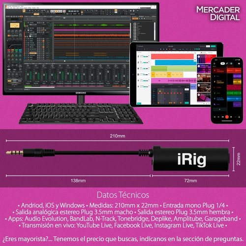 2 Pzs Interfaz Irig For iPhone Android Grabación Y En Vivo