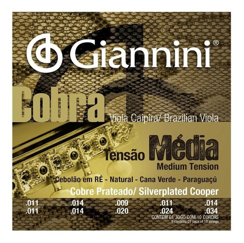Imagem 1 de 3 de Encordoamento Viola Caipira Giannini Cobra Media Cebolão Re