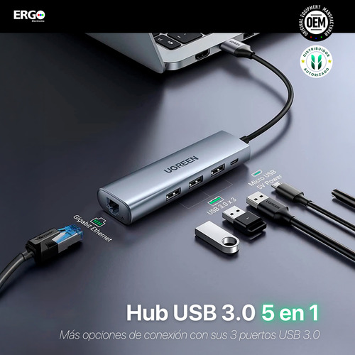 Hub Ugreen 5en1 Usb-c Multipuerto 5gbps Micro 5v Rj45 Pc Mac