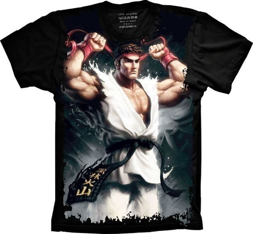 Camiseta Geek Plus Size Algodão Preta Street Fighter Ryu