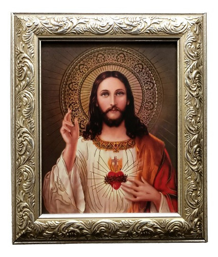 Sagrado Corazón De Jesús Op 1 En Marco Plateado A 30 X 25 Cm