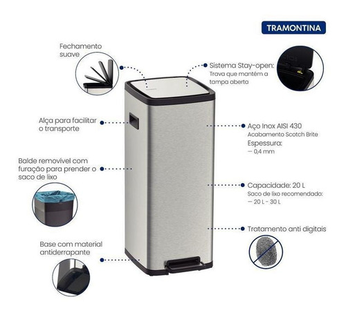 Lixeira Tramontina Linha Octos Inox 20 L Balde Removível e Pedal Acetinado