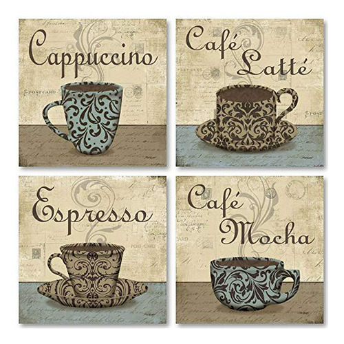 Conjunto De 4 Carteles De Café Vintage ; Espresso, Latte, Mo