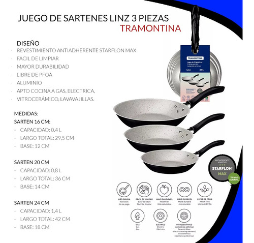 Set Sartenes Antiadherentes Tramontina Linz 3 Piezas Negro/gris
