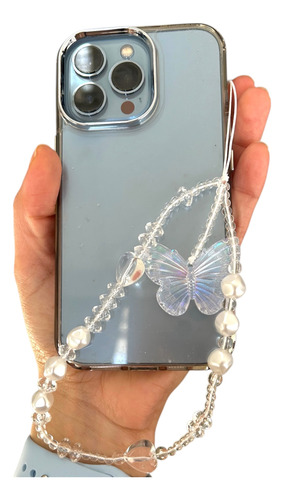 Strap Correa Con Diseños Para Celular Todo Tipo De Funda Mariposa Blanca/perlitas Transparentes