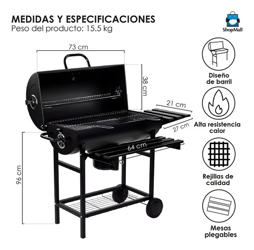 Asador Tipo Barril De Carbón Con Gran Área De Cocción Móvil Color Negro