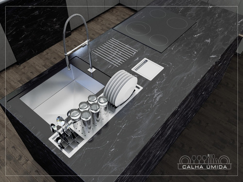 Calha Úmida Canal Equipado Inox Escorredor Louça Embutido Pi