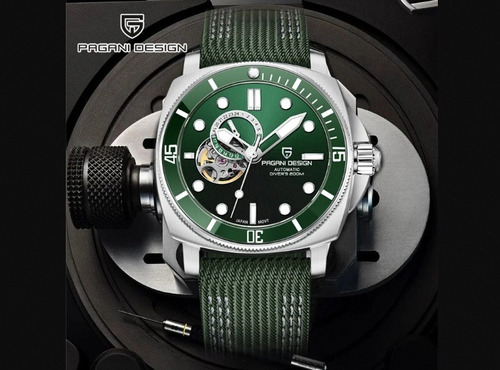 Relógio Automático 200m Pagani Design Máquina Seiko Nh39 Correia Verde Bisel Verde Fundo Verde