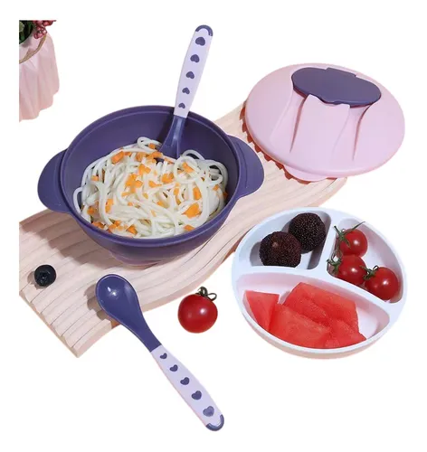 Plato Con Chupa Para Bebes +cuchara +tenedor Silicona Y Tapa