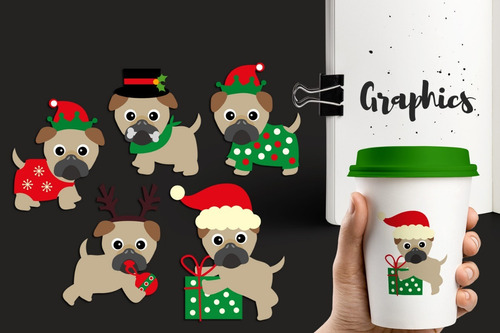 Kit De Imágenes Digitales Navidad Perros Pugs Xmas Pugs