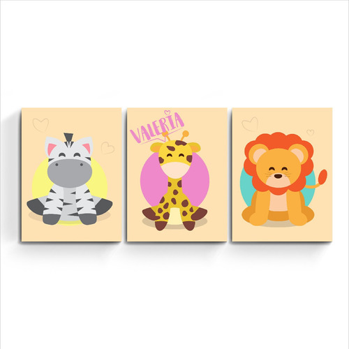 Cuadro Triptico Infantil Con Nombre Leon Zebra Jirafa Deco